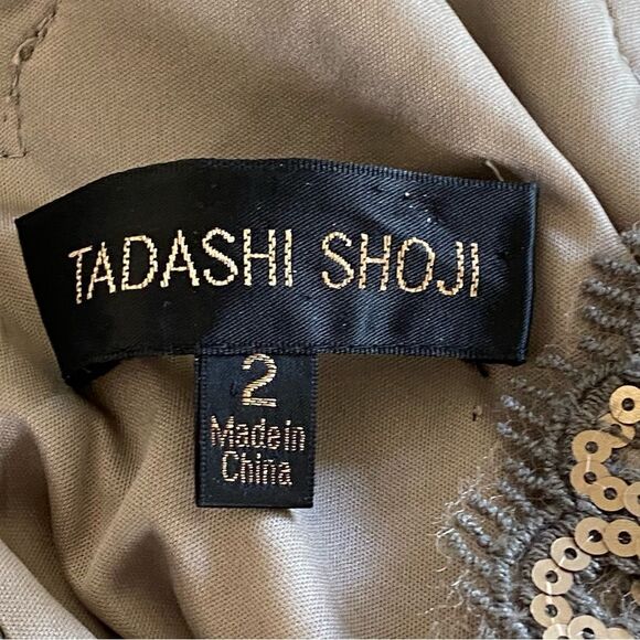 Tadashi Shoji Lace Gold Sequin Overlay Taupe Smoked Pearl Cocktail Dress Sz 2 - Picture 13 of 16
